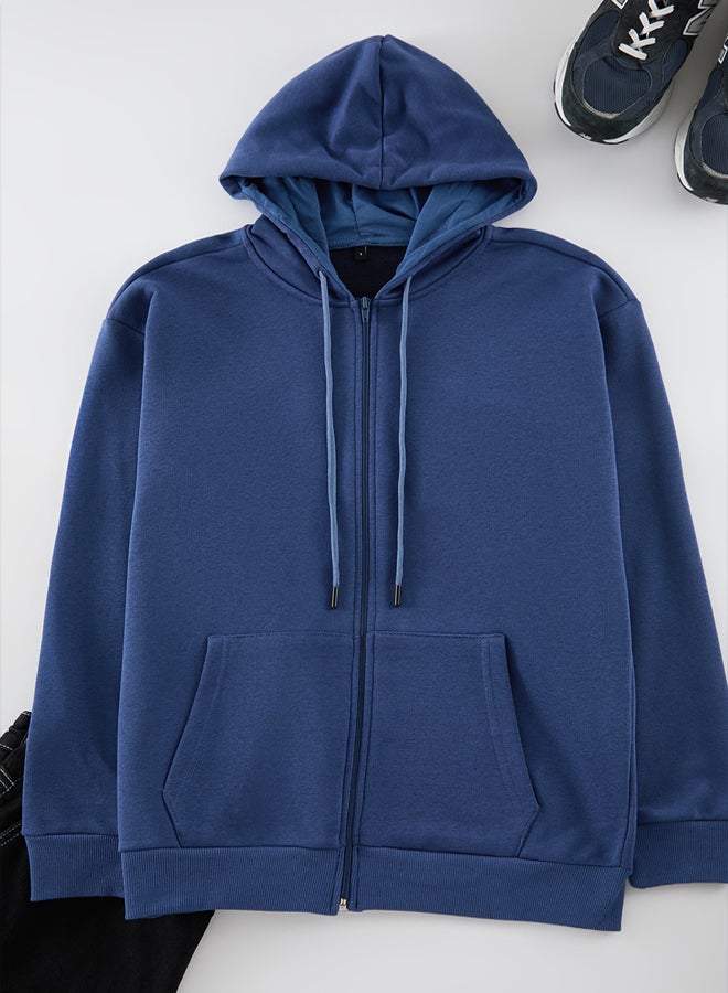 trendyol Indigo Oversize/Wide Cut Hooded Zipper Thick Basic Without Raise Sweatshirt-Cardigan - Image 5