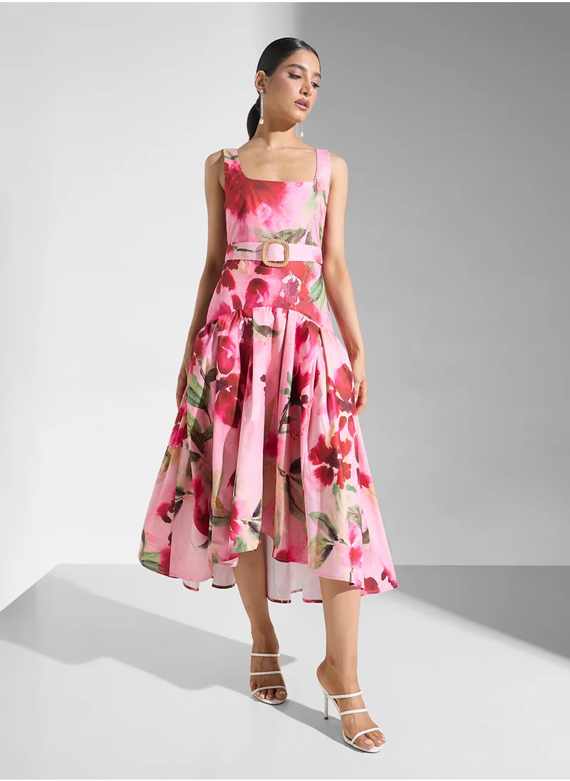 Hope & Ivy Square Neck Drop Hem Midaxi Waist Belt Dress