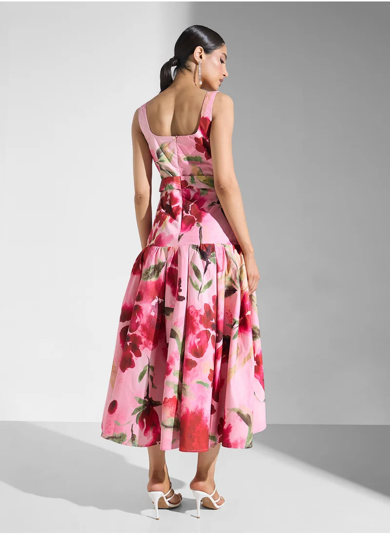 Hope & Ivy Square Neck Drop Hem Midaxi Waist Belt Dress