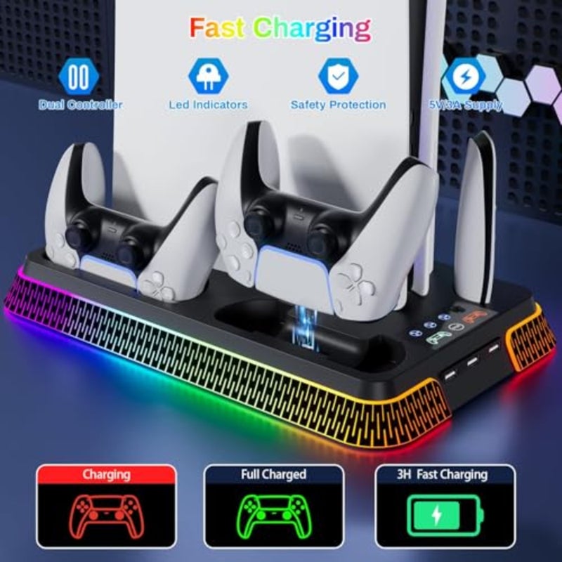 محطة تبريد وشاحن وحدة تحكم PS5 لإعداد الألعاب المنزلية، بلاستيك ABS أسود، لون أسود، مروحة 3 سرعات مع إضاءة RGB وحامل رأسي مع حامل سماعة الرأس - Image 5