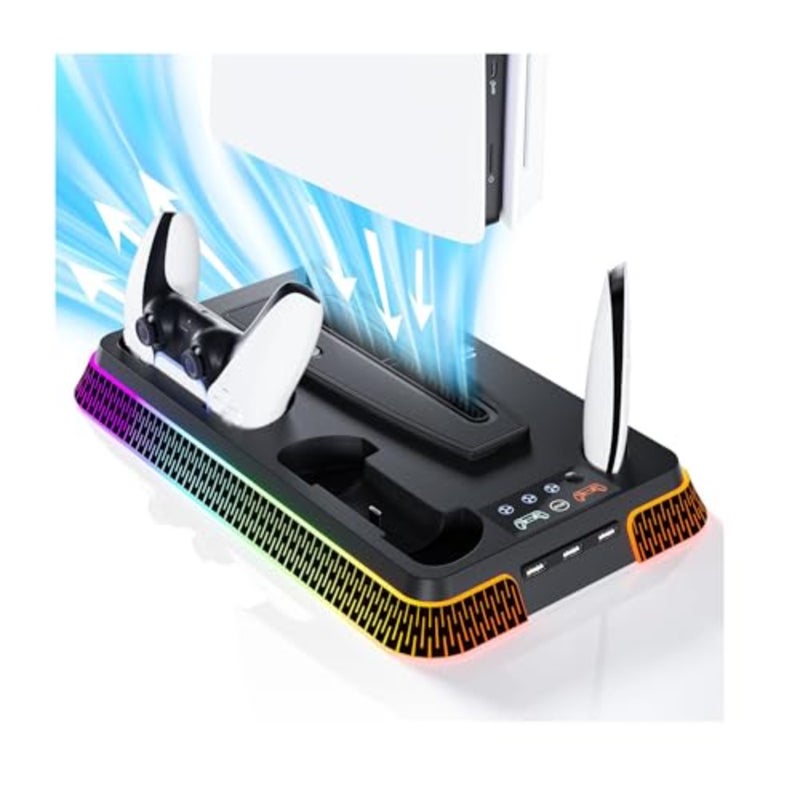 محطة تبريد وشاحن وحدة تحكم PS5 لإعداد الألعاب المنزلية، بلاستيك ABS أسود، لون أسود، مروحة 3 سرعات مع إضاءة RGB وحامل رأسي مع حامل سماعة الرأس - Image 1