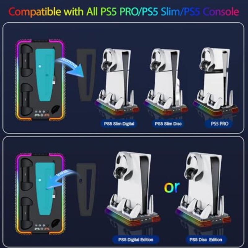 محطة تبريد وشاحن وحدة تحكم PS5 لإعداد الألعاب المنزلية، بلاستيك ABS أسود، لون أسود، مروحة 3 سرعات مع إضاءة RGB وحامل رأسي مع حامل سماعة الرأس - Image 2