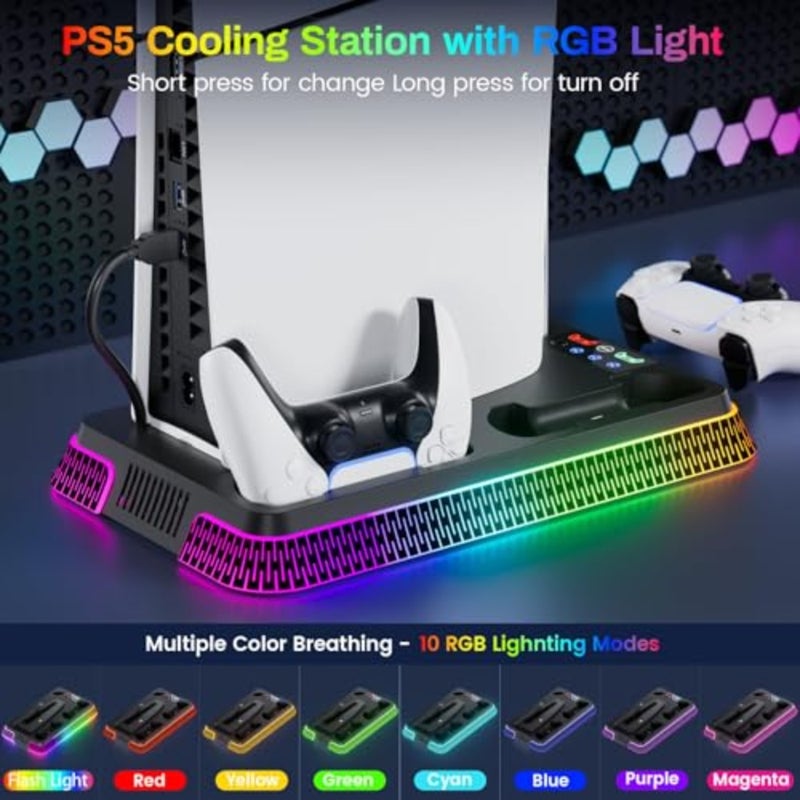 محطة تبريد وشاحن وحدة تحكم PS5 لإعداد الألعاب المنزلية، بلاستيك ABS أسود، لون أسود، مروحة 3 سرعات مع إضاءة RGB وحامل رأسي مع حامل سماعة الرأس - Image 3