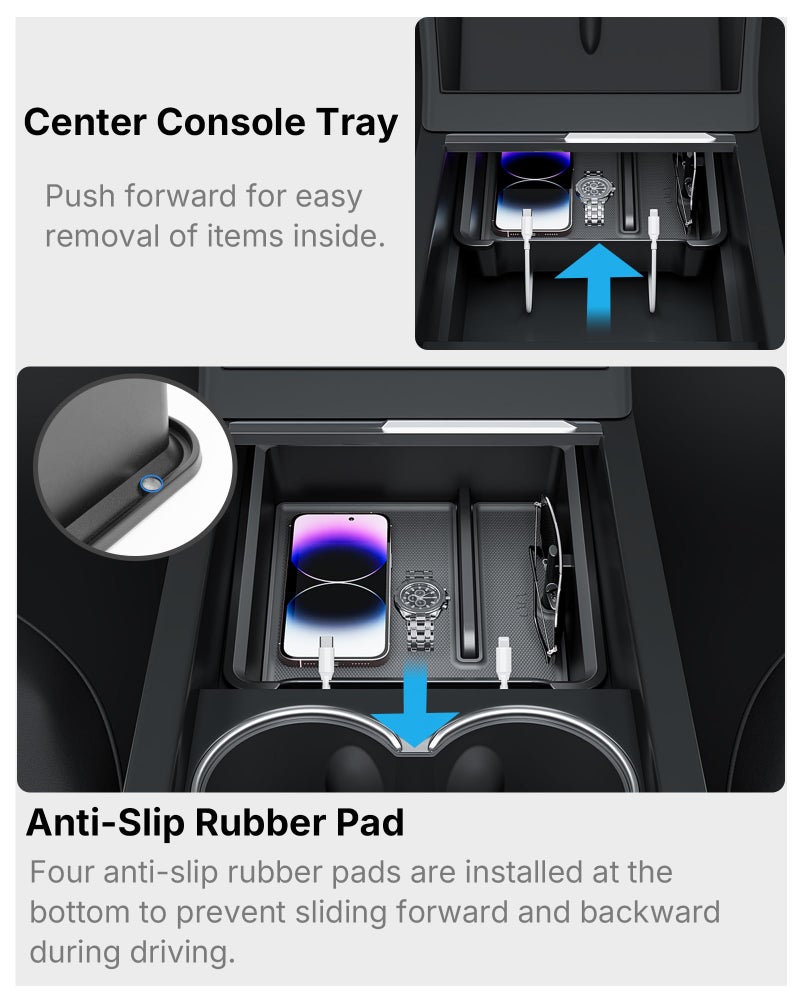Carwiner 5PCS Center Console Organizer Compatible with 2025-2026 Tesla Model Y Juniper/2024-2026 Model 3 Highland Accessories, Hidden Storage Box, Cup Holder and Silicone Mat(Not Fit Juniper Standard) - Image 3