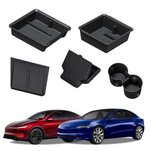 Carwiner 5PCS Center Console Organizer Compatible with 2025-2026 Tesla Model Y Juniper/2024-2026 Model 3 Highland Accessories, Hidden Storage Box, Cup Holder and Silicone Mat(Not Fit Juniper Standard) - Image 1
