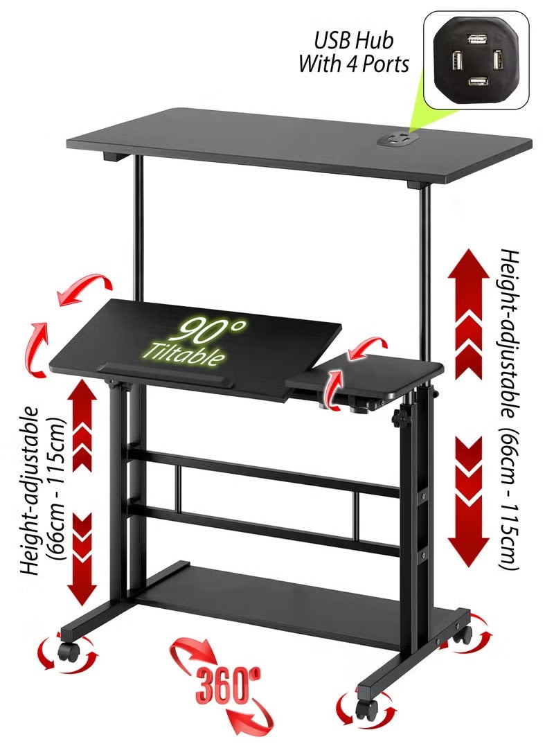 Toshionics Height Adjustable Sitting and Standing Desk with Rotating Wheels and Storage Portable Tiltable Mobile Computer Workstation Adjustable Tabletop Desk with USB Ports Sit and Stand Ergonomic Gaming Home Office Desk Multifunctional Rolling Table with Storage  - Image 5
