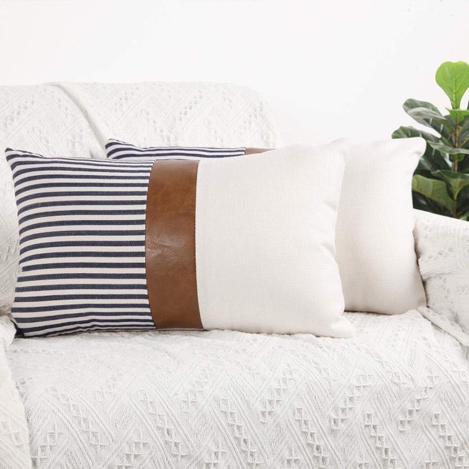 12X20 PILLOW COVERS SET OF 2 FARMHOUSE DECOR STRIPE PATCHWORK LINEN THROW LUMBAR PILLOW COVERS MODERN FAUX LEATHER COVERS FOR COUCH SOFA NAVY BLUE