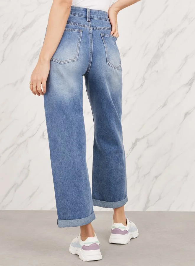 Styli Whisker High Rise Roll Up Hem Straight Fit Crop Jeans