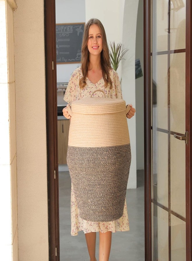 كوتون فانت سلة غسيل يدوية الصنع من حبل قطني طويل بغطاء، مقاس 26×20 بوصة، بتصميم أنيق على شكل إبريق مع غطاء، سلة غسيل علوية، مناسبة لغرفة النوم وغرفة المعيشة، مزيج من الجوت والأسود - Image 5