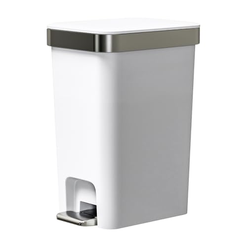 onlcuk Small Bathroom Trash Can with Lid Soft Close 10 Liter26 Gallon Slim Garbage CanMetal Step and Press top Lid Mini Modern Waste Basket for Toilet Office BedroomDormGrayishWhite - Image 1