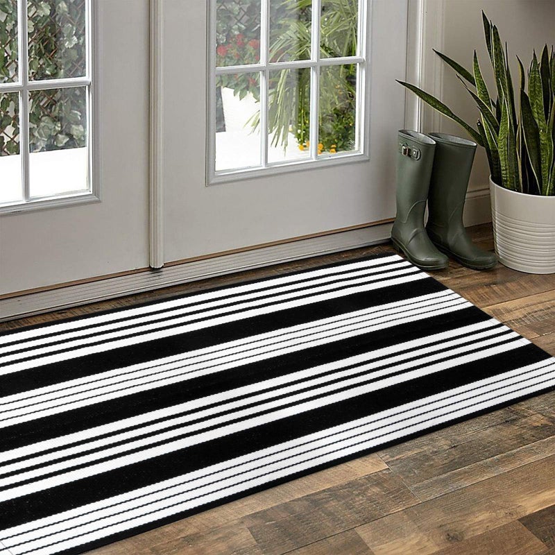 OJIA Black and White Striped Outdoor Rug 24''x51'' Washable Front Door Mat Outdoor Entry Rug Doormat Outside Door Mat Cotton Woven Indoor Area Rugs for Porch/Entryway/Entrance Decor - Image 4