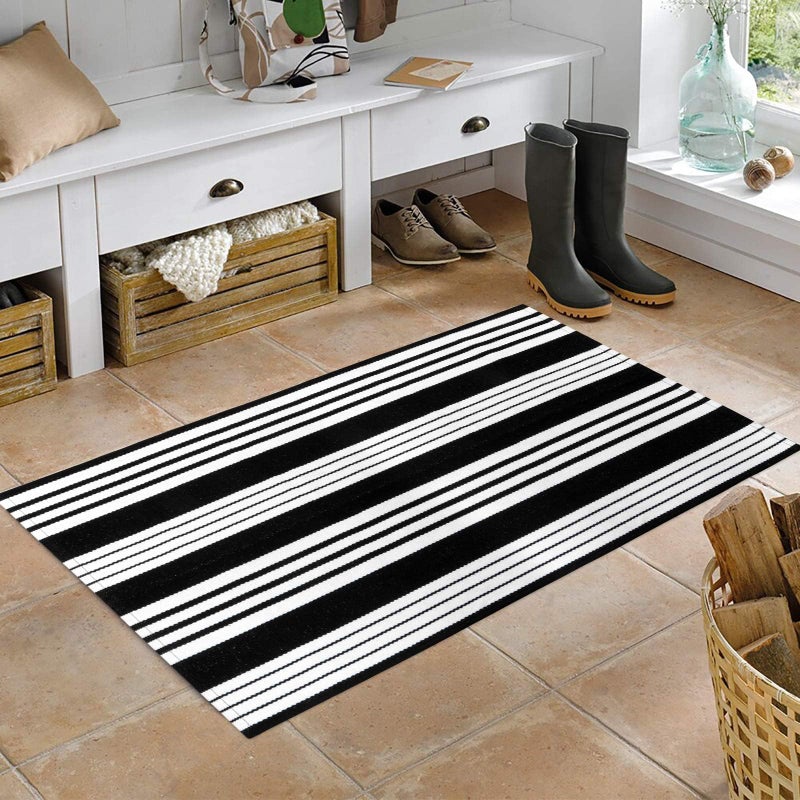 OJIA Black and White Striped Outdoor Rug 24''x51'' Washable Front Door Mat Outdoor Entry Rug Doormat Outside Door Mat Cotton Woven Indoor Area Rugs for Porch/Entryway/Entrance Decor - Image 5
