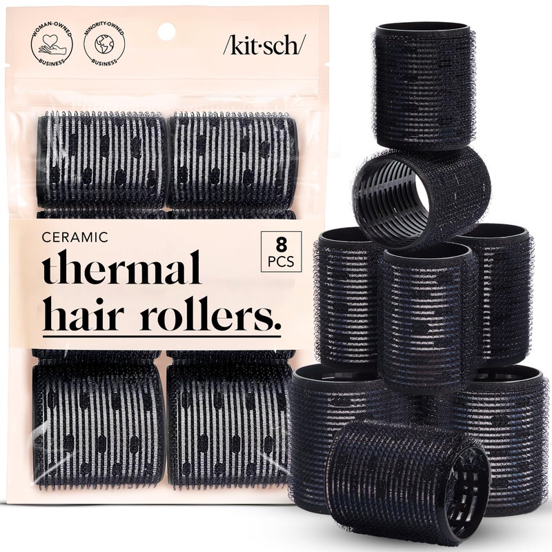 Kitsch Ceramic Thermal Hair Rollers For Women - Self Grip Hair Curlers For Heatless Curls Overnight - Volumizing Large Rollers For Short & Long Hair - For Long Lasting Frizz-Free Curls - Black  8Pcs - Image 1