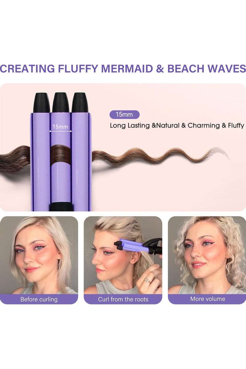 PANDA JOJO Mini Hair Crimper, 15mm Beach Waves Curling Iron, Hair Waver for Short and Medium with 3 Ceramic Barrels, Home and Travel Friendly Crimper Hair Tool, Dual Voltage, 392℉ Fast Heating - Image 3