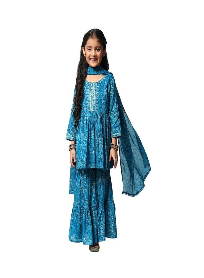 BIBA GIRL PRINTED FLARED KID(KW4948_TEAL BLUE_7) - Image 1
