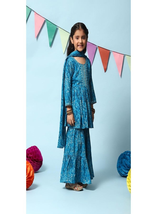 BIBA GIRL PRINTED FLARED KID(KW4948_TEAL BLUE_7) - Image 4