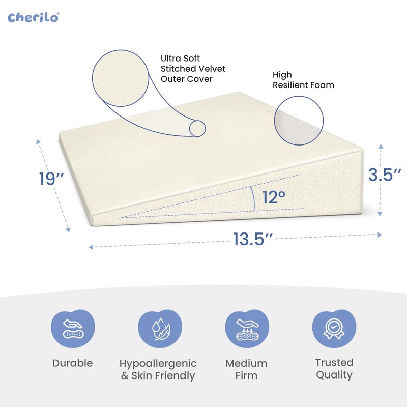 Cherilo Cherilo Half Size Elevated Wedge Pillow for Baby Crib Mattress Helps to Elevate Baby for Acid Reflux Colic GERD Heat Burn Vomiting 19 x 135 x 35 with Removable Velvet Cover Cream - Image 4