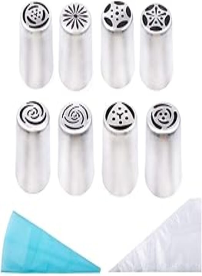 20 Pcs Russian Piping Tips Set - 8 Russian Piping Nozzles, 1 Silicone Icing Bag, 10 Disposable Piping Bags and 1 Tri-Color Coupler
