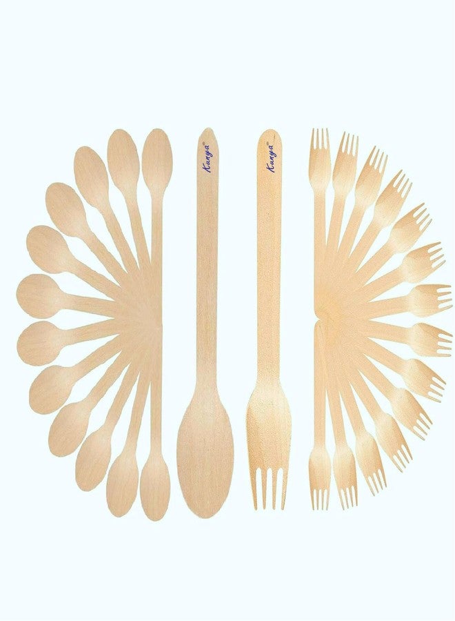 Kunya® 160mm Disposable Spoons & Forks Set | Wooden Dining Flatware | Ideal for Kids Birthday, Wedding & Party (100) - Image 1