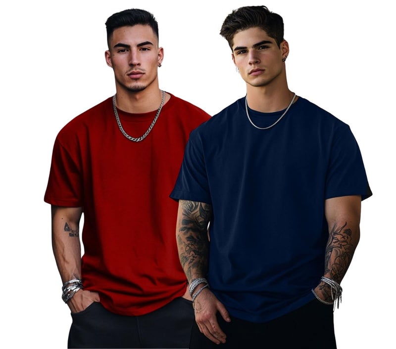 Veirdo® Maroon & Navy Oversized Baggy Fit Drop Shoulder Half Sleeves Round Neck Solid Pure Cotton T-Shirt for Men (PO2_OS_100_MR_NY_XXL) - Image 1