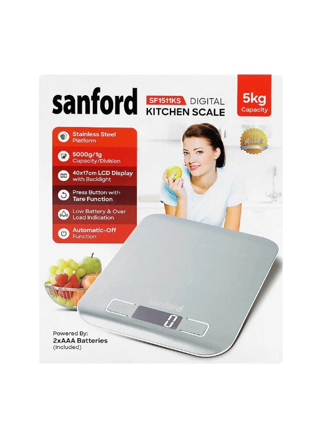 Sanford SF1511KS Digital Kitchen Scale with Stainless Steel Platform, 5kg Capacity - Silver