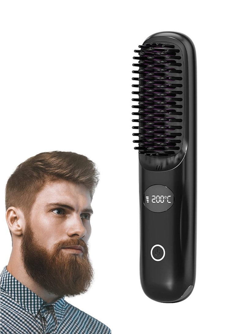 Beard Straightener for Men, Anti-Scald Heated Beard Brush,Portable Cordless Hair Straightener, Electric Hot Comb 3 Temp Settings, Ionic Mini Straightener for Home, Travel - Image 1