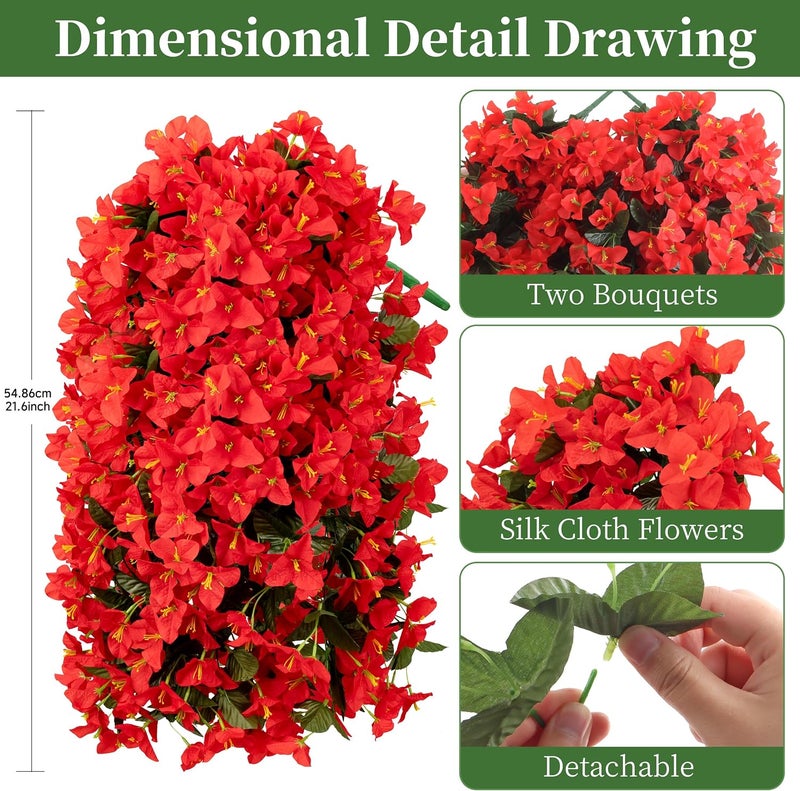 ColoPlay Artificial Bougainvillea Hanging Flowers Plants - 2 PCS faux Bougainvillea artificial flowers with Long Trailing Vines for Outdoor Decoration, Perfect for Porch, Garden, Urn Patio Balcony (Red) - Image 2