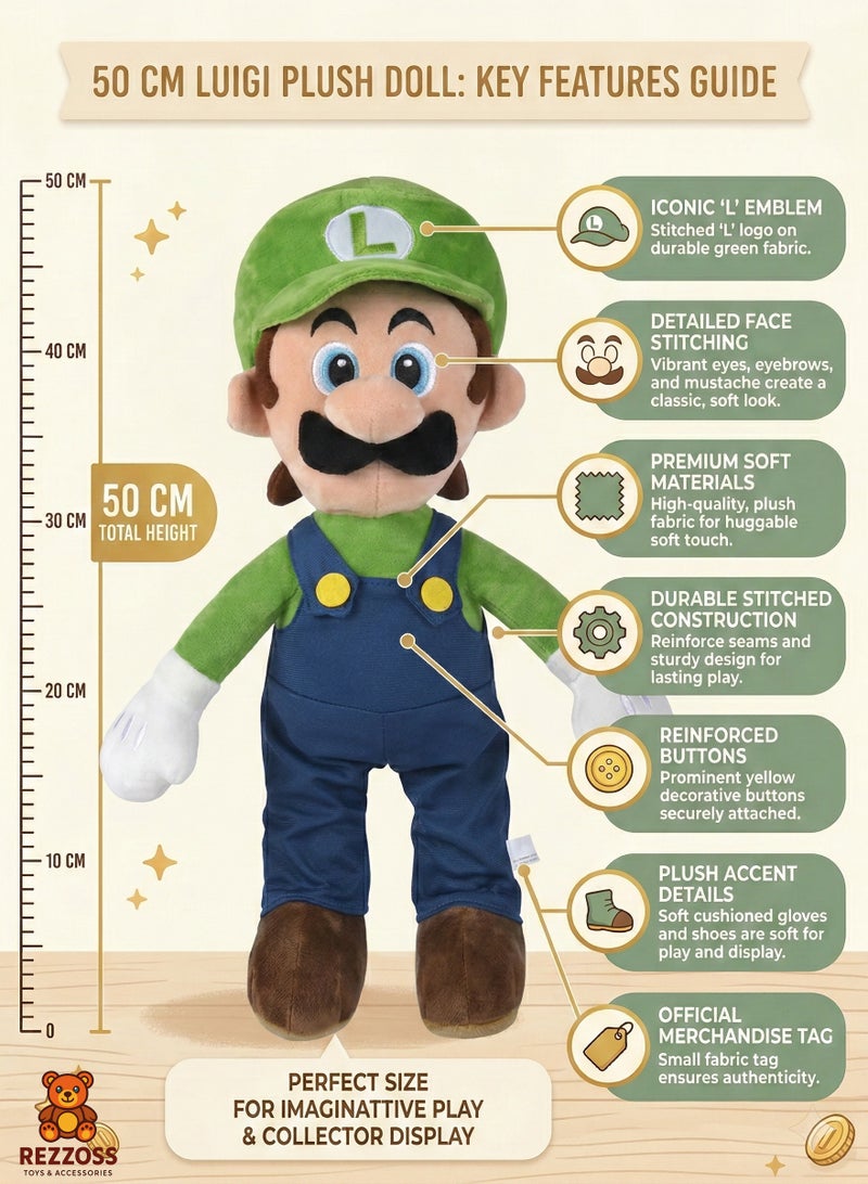 REZZOSS Plush Toy Super Mario Luigi Plush Toy 50cm – Large Soft Stuffed Animal Doll for Kids | Classic Nintendo Character Figure with Green Hat & Blue Overalls | Cuddly Bedtime Pillow Buddy | Best Birthday Gift for Boys & Girls 3+ - Image 3