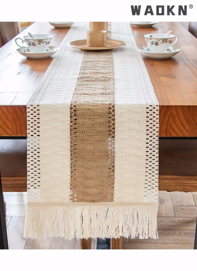 WAOKN Macrame Table Runner Farmhouse Style, 72 Inch Natural Burlap Boho Table Runner Modern Farmhouse Decor Rustic Woven Cotton Crochet Lace for Bohemian, Rustic, Wedding, Bridal Shower, Dinner  - Image 1