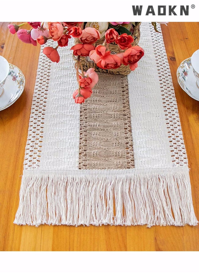 WAOKN Macrame Table Runner Farmhouse Style, 72 Inch Natural Burlap Boho Table Runner Modern Farmhouse Decor Rustic Woven Cotton Crochet Lace for Bohemian, Rustic, Wedding, Bridal Shower, Dinner  - Image 5