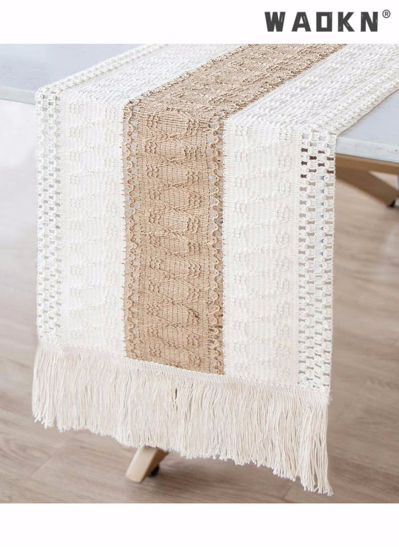 WAOKN Macrame Table Runner Farmhouse Style, 72 Inch Natural Burlap Boho Table Runner Modern Farmhouse Decor Rustic Woven Cotton Crochet Lace for Bohemian, Rustic, Wedding, Bridal Shower, Dinner  - Image 2