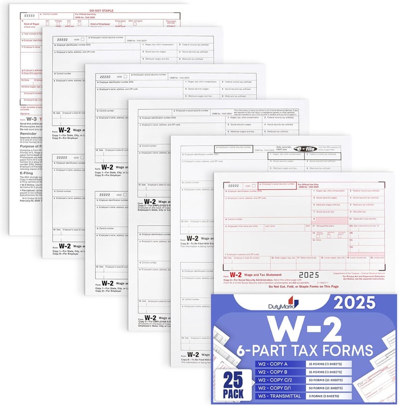 Dutymark W2 Forms 2025 6 Part, Kit of Laser W2 Tax Forms for 25 Employees and W3 Transmittal for Quickbooks and Accounting Software, 2025 W2 Forms - Image 1