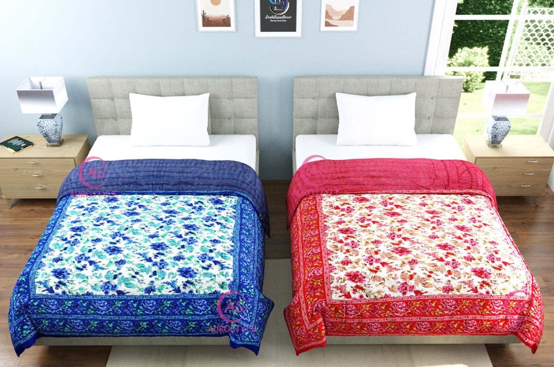 WORLDNEX 400 TC Pure Cotton Jaipuri Design Printed Light Weight Traditional Rajasthani Print Single Bed Quilt/Razai/Rajai (Design 10, Single Bed - Set of 2 Combo Set) - Image 4
