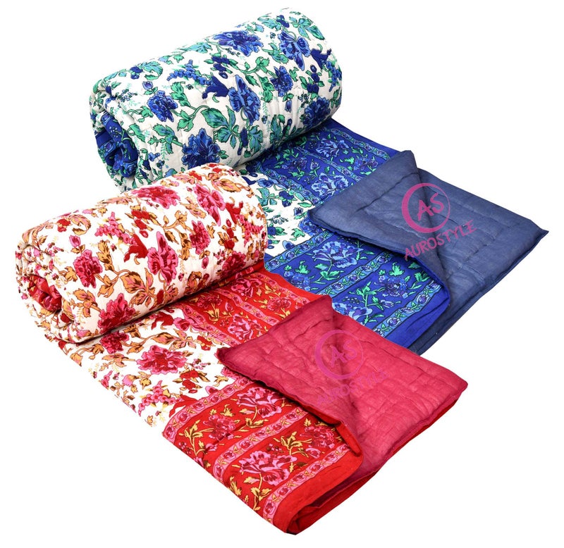 WORLDNEX 400 TC Pure Cotton Jaipuri Design Printed Light Weight Traditional Rajasthani Print Single Bed Quilt/Razai/Rajai (Design 10, Single Bed - Set of 2 Combo Set) - Image 3