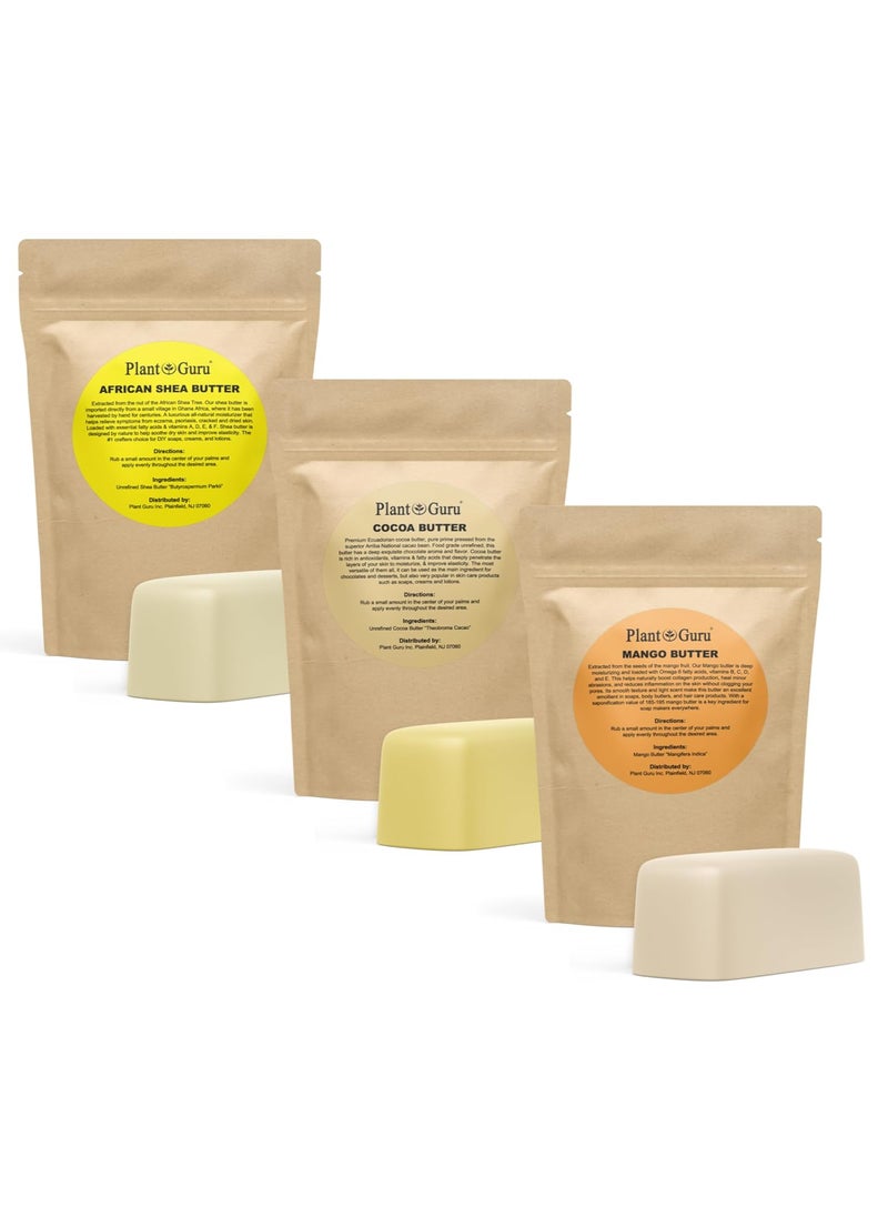 Plant Guru Shea Mango and Cocoa Butter 1 lb Bars Variety Bundle Pack  100 Pure Natural Unrefined  Ideal Moisturizer For Dry Skin Body Face And Hair Growth Great For DIY Soap and Lip Balm Making 