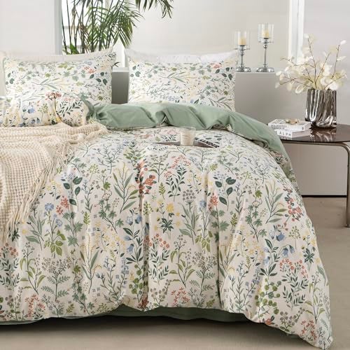 BupiRD Floral King Duvet Cover 100% Soft Cotton 3 Piece Birds Flowers Garden Tree Branches Print Reversible Duvet Cover with Zipper Closure - Image 2