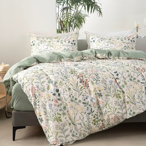 BupiRD Floral King Duvet Cover 100% Soft Cotton 3 Piece Birds Flowers Garden Tree Branches Print Reversible Duvet Cover with Zipper Closure - Image 4