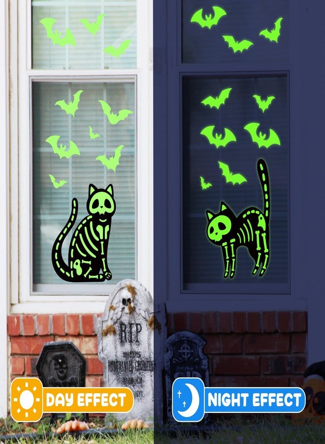 JarThenaAMCS ملصقات نوافذ JarThenaAMCS المضيئة في الظلام للهالوين، بتصميم قطة هيكل عظمي سوداء، قابلة لإعادة الاستخدام، مثالية لحفلات الهالوين، ديكور المنزل والمدرسة والمكتب - Image 4