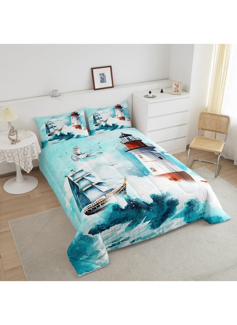 Castle Fairy Castle Fairy Nautical Comforter Set Full Lighthouse Sailing Boat Bedding Set 3pcs for Kids Teens Boys Girls Room Decor Watercolor Waves Down Comforter Sea Adventure Quilt Set with 2 Pillowcases  - Image 3
