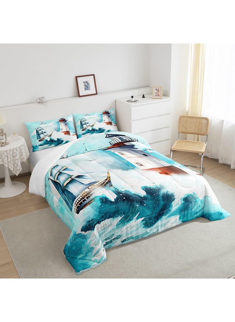 Castle Fairy Castle Fairy Nautical Comforter Set Full Lighthouse Sailing Boat Bedding Set 3pcs for Kids Teens Boys Girls Room Decor Watercolor Waves Down Comforter Sea Adventure Quilt Set with 2 Pillowcases  - Image 4