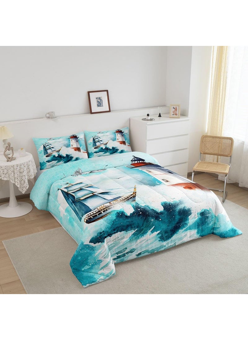 Castle Fairy Castle Fairy Nautical Comforter Set Full Lighthouse Sailing Boat Bedding Set 3pcs for Kids Teens Boys Girls Room Decor Watercolor Waves Down Comforter Sea Adventure Quilt Set with 2 Pillowcases  - Image 2