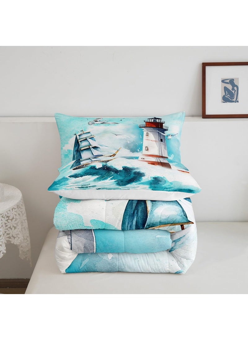 Castle Fairy Castle Fairy Nautical Comforter Set Full Lighthouse Sailing Boat Bedding Set 3pcs for Kids Teens Boys Girls Room Decor Watercolor Waves Down Comforter Sea Adventure Quilt Set with 2 Pillowcases  - Image 5
