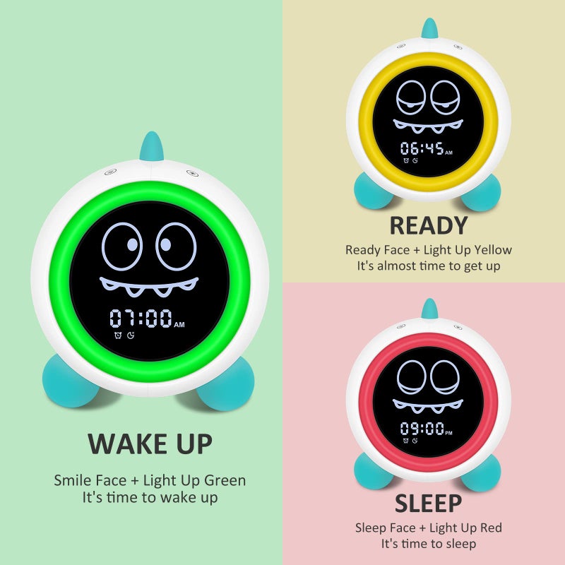 H-chin Kids Alarm Clock, Toddler Sleep Training Clock with Night Lights, Sound Machine, Time to Wake Dinosaur Alarm Clock for Children, Gift Ideas for Kids Toddler Boy Girl (Green) - Image 2