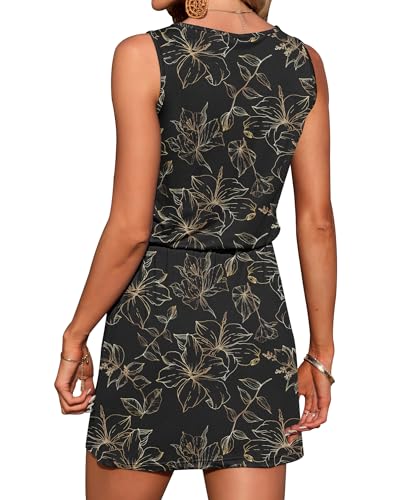 AUSELILY Womens Summer Dresses Casual Sleeveless V-Neck Drawstring Waist Beach Cover up Mini Short Swing Dress with Pockets Golden Leaf Black S - Image 4