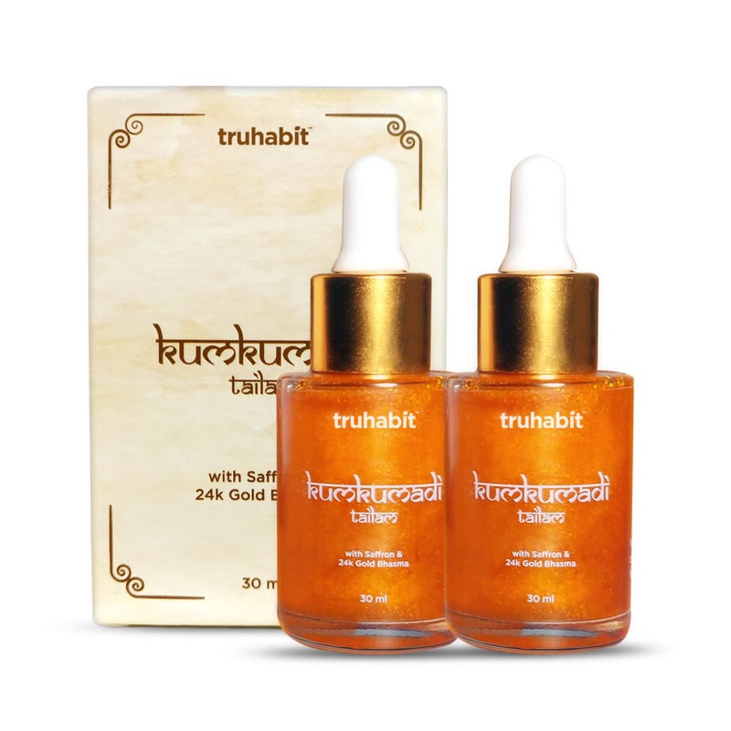 TruHabit زيت ترحابيت كومكومادي للوجه 60 مل زيت كومكومادي للوجه للبشرة المتألقة مع الزعفران وبهاسما الذهب 24 قيراط زيت سيروم كومكومادي للوجه للتألق والتفتيح زيت كومكومادي للوجه للبشرة الباهتة - Image 1