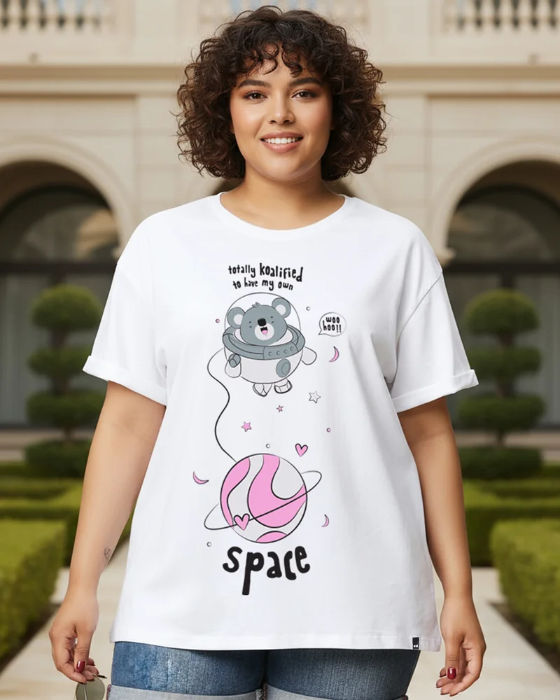 بيواكوف Women's White Totally Koalified Graphic Printed Boyfriend Plus Size T-shirt