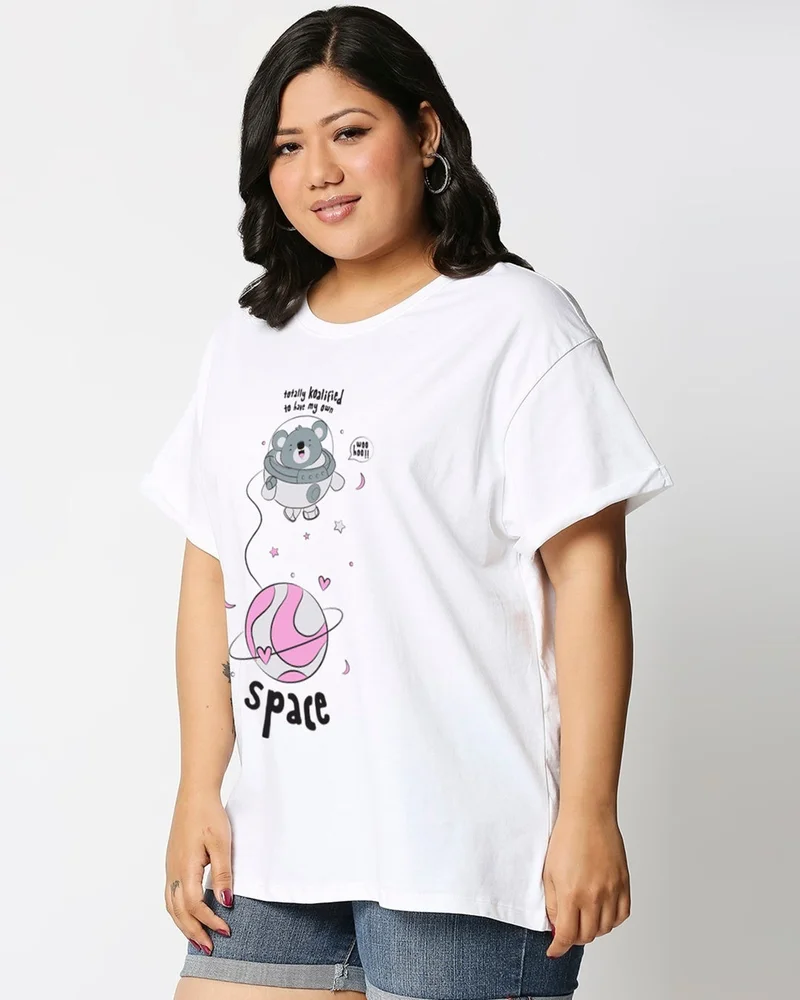 bewakoof Women's White Totally Koalified Graphic Printed Boyfriend Plus Size T-shirt
