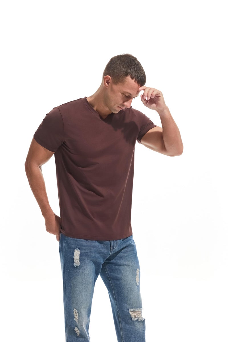 VEIISAR Premium V Neck T Shirts for Men - Modern Fitted Tees Vneck Undershirts V8 Brown M - Image 3