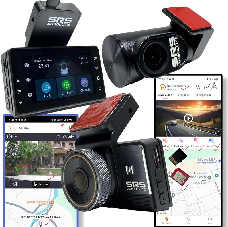 SRS Absolute 3K 4G DashCam| 24x7 Remote Audio-Video Monitor| Record/Download/Playback/Live/Call/Zoom| GPS Track| GeoTag | Hyper Lapse|PIP WI-FI HotSpot| G-Sensor/Motion Sensor|1TB MicroSD support-S44G - Image 1