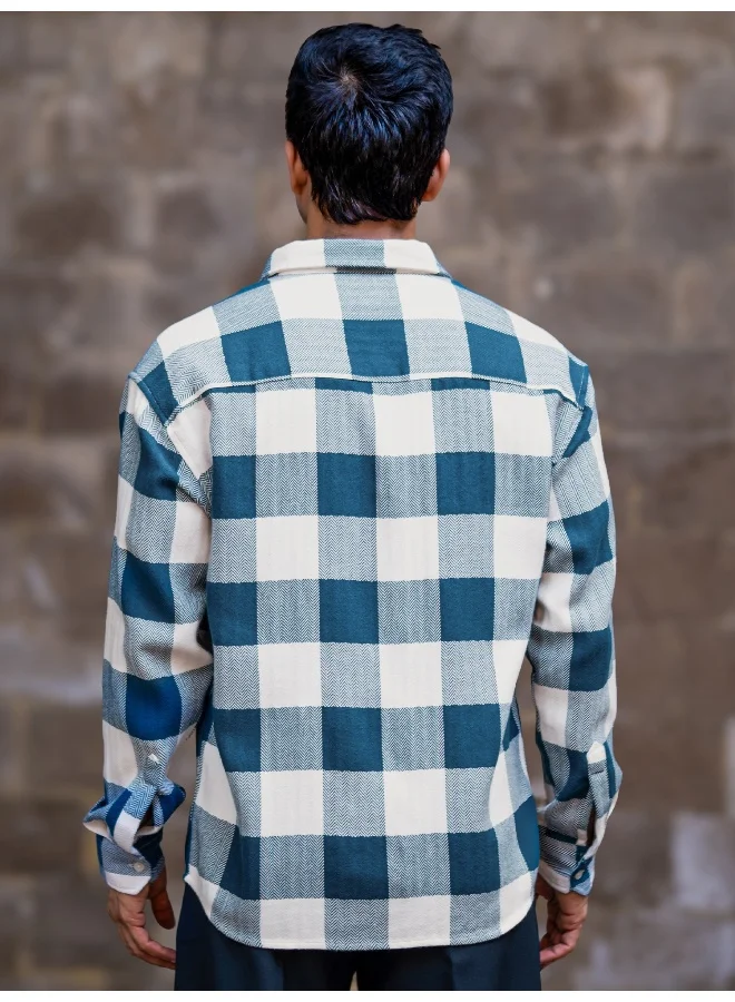 Maniac  Maniac Mens Herringbone Checks Full Sleeve Petrol Blue Cotton Shirt for Men | Best Price UAE